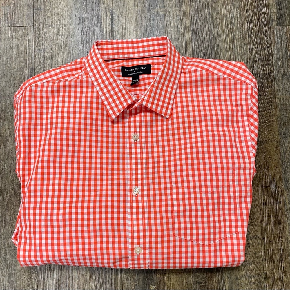 Banana‎ Republic Men's Orange Checkered Non Iron Tailored Slim Shirt 16-16 1/2 - Picture 4 of 14